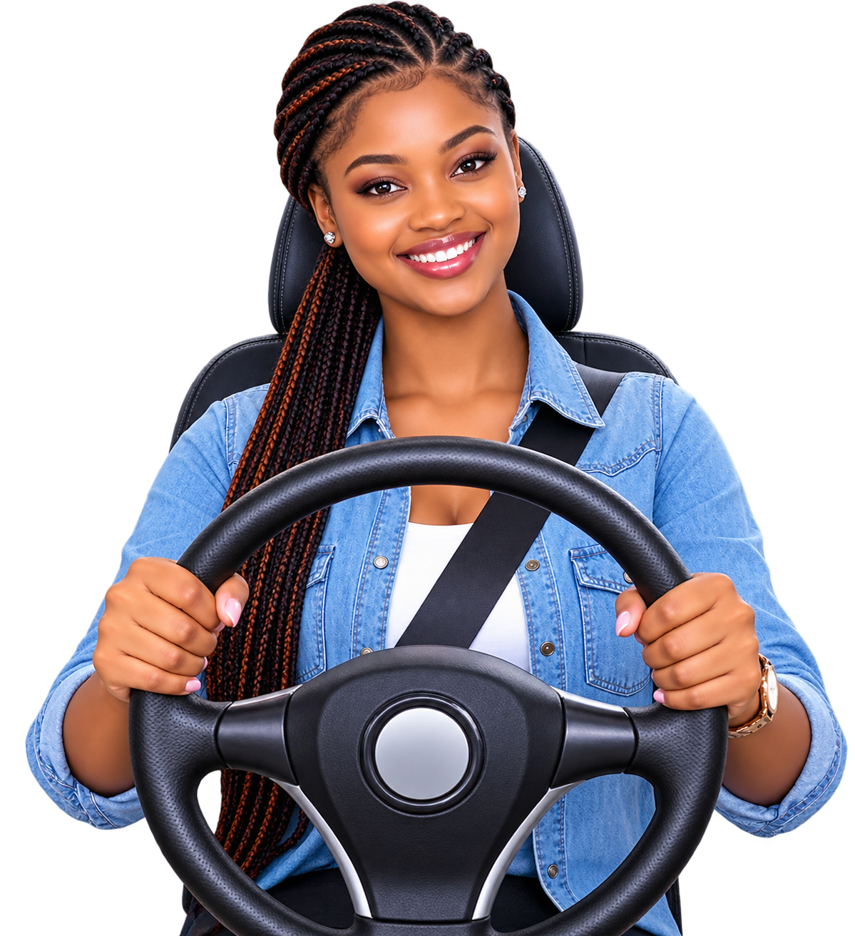 Learner driver smiling with both hands on the steering wheel